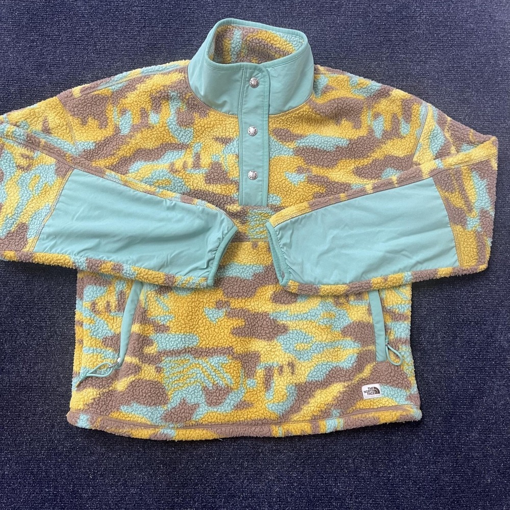 The North Face Sweater Womens Small Yellow Camo Sherpa Fleece Snap Pullover